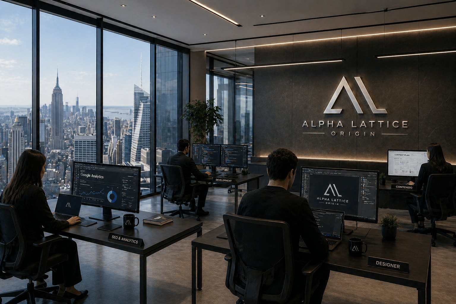 Alpha Lattice Origin team — SEO analyst, developer, designer and content strategist working at our luxury Manhattan office